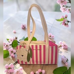 Betsey Johnson Pink Multi Striped Shoulder Bag with Floral Charm, NWT